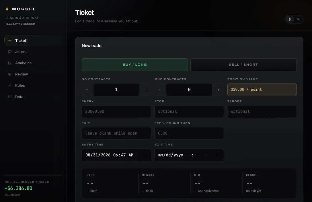 The Morsel ticket, logging a trade at entry
